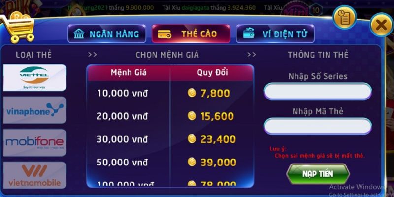 Nạp Tiền Rik88 qua thẻ cào