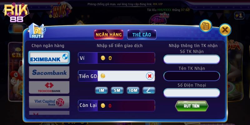 Rút tiền Rik88 qua ngân hàng